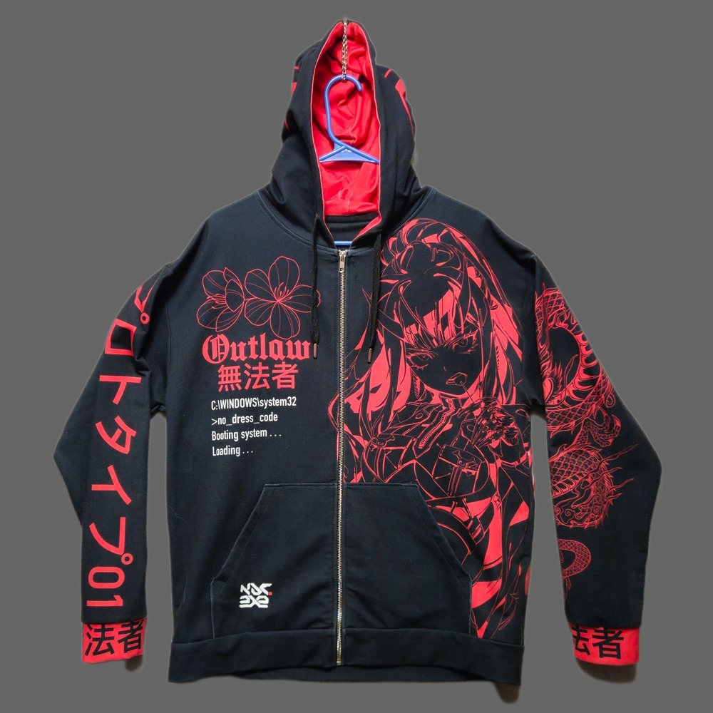 REI OUTLIER Outlaw Anime Graphic Zip Hoodie Unisex Mens Large Black Red NDC.EXE